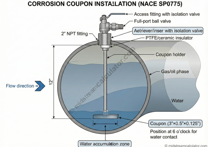 Corrosion coupon installation showing holder, coupon position, and access fitting